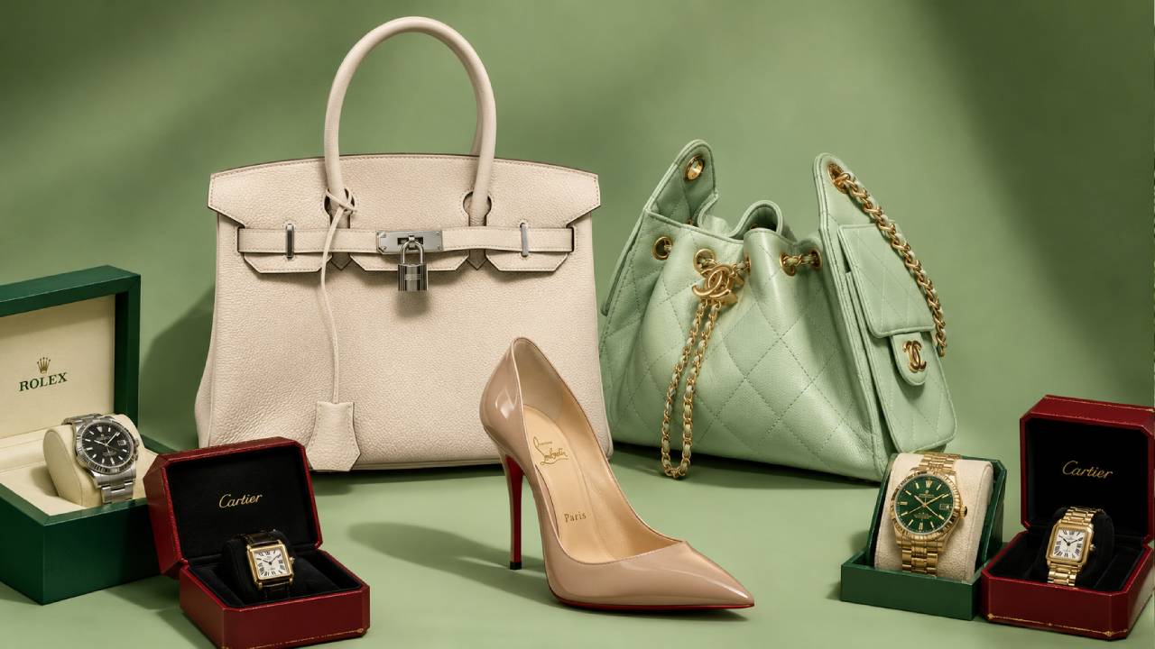 Peças seminovas de luxo que valem a pena comprar e vender no mercado second hand: Bolsa Birkin hermès, Bolsa Chanel 25, Relógios Rolex e Cartier, Sapatos Louboutin.