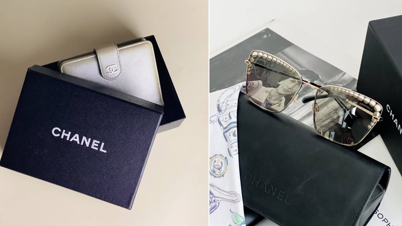 Carteira e óculos chanel original seminovos, uma das marcas internacionais de acessórios de luxo na second hand week.