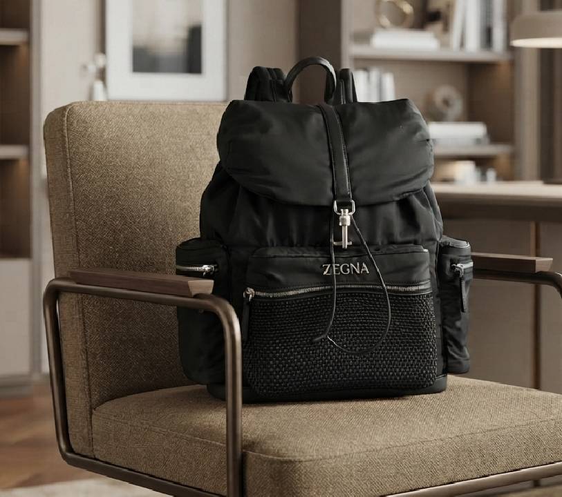 Mochila Ermenegildo Zegna de nylon e couro.