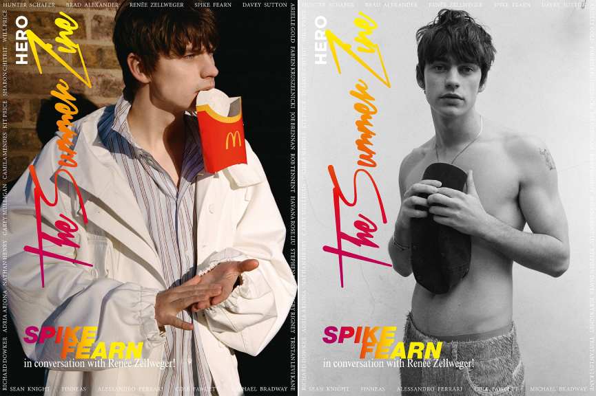 Capas da revista Hero com Spike Feran usando roupas da Loewe.
