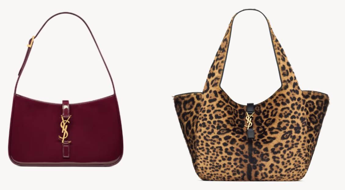 Foto de duas cores e versões da bolsa Saint Laurent Le 5 à 7: em couro verniz e em couro capa com pelos e estampada.