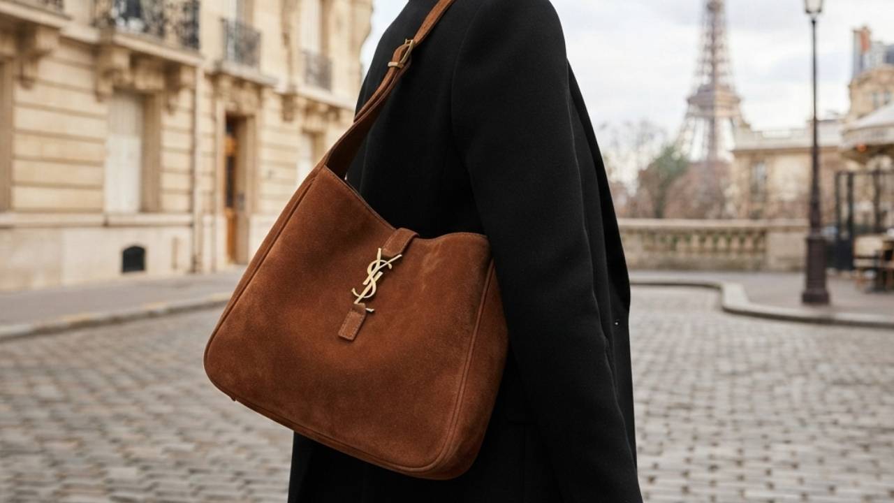 Bolsa de luxo modelo Siant Laurent Le 5 à 7 versão hobo em camurça.