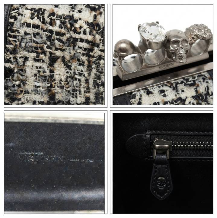 Fotos de detalhes do zíper, logo gravado, metais e fecho de uma Bolsa McQueen Original, modelo Knuckle Duster,.