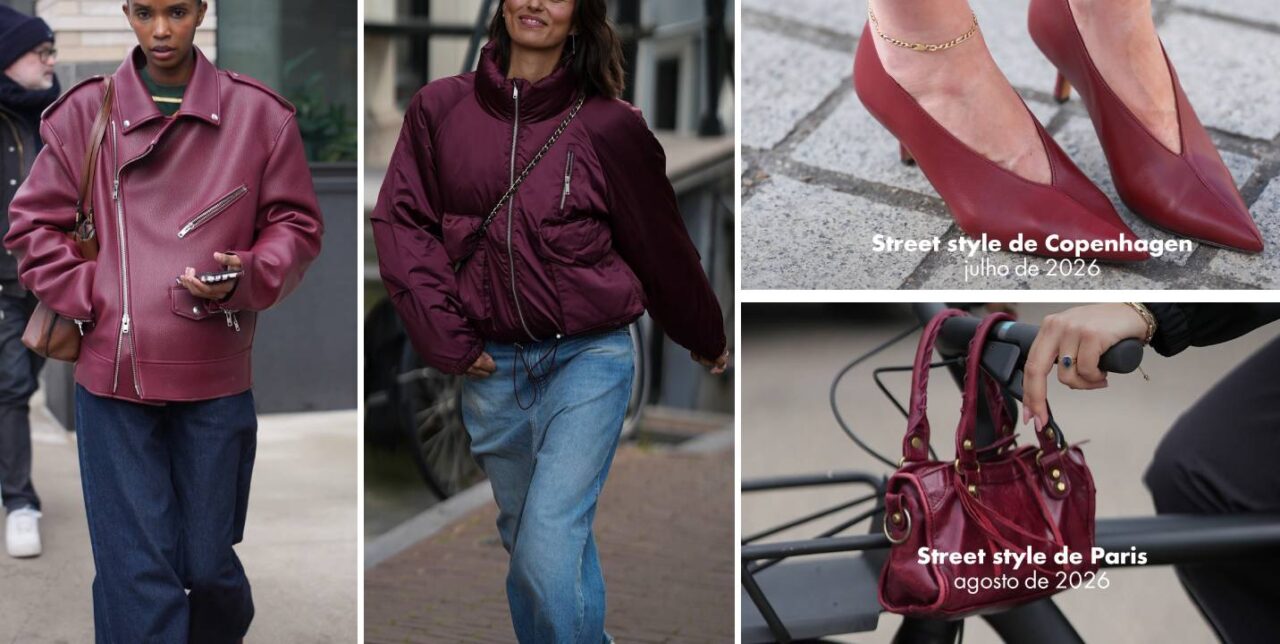 Fotos de street style de pessoas usando roupas e acessórios na cor Burgundy igual do novo iphone.