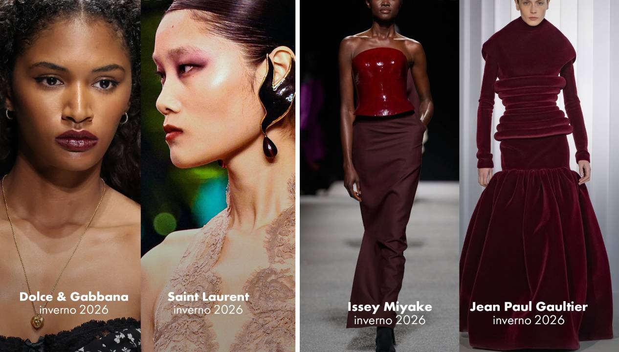 Fotos de desfiles de marcas de luxo em 2026 onde aparece a cor Burgundy do iphone 18.