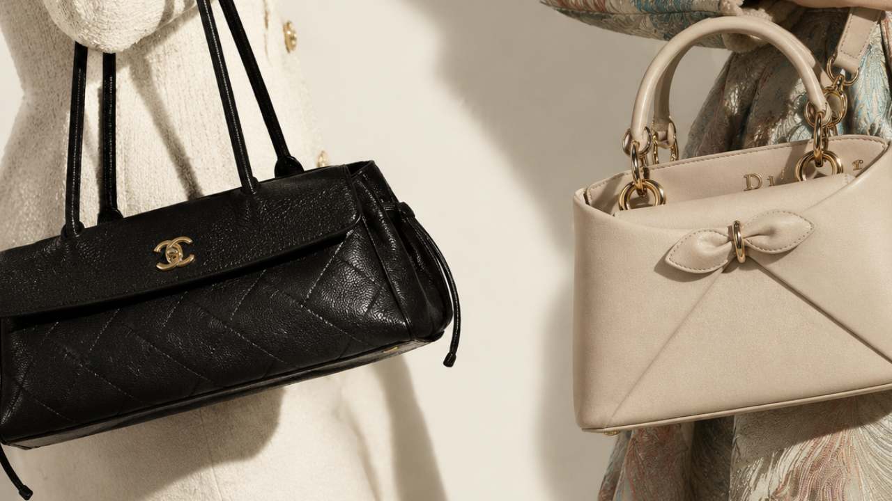 Foto de bolsas criadas por estilistas mais importantes de 2026, modelo da Chanel criado pelo diretor criativo Matthieu Blazy e modelo da Dior, Cigale, criada por Jonathan Anderson.