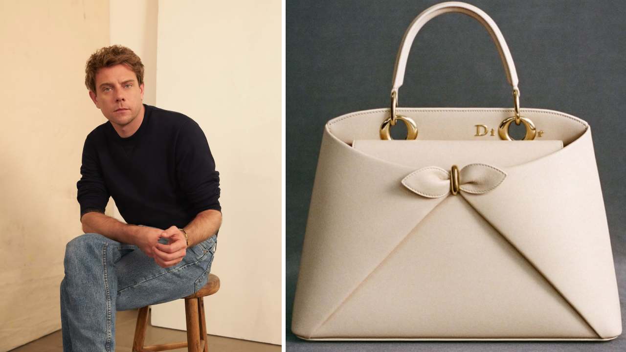 Foto de um dos principais estilistas no luxo em 2026: Jonathan Anderson, diretor criativo da Dior e uma foto de uma das novas bolsas da maison criada por ele: a Dior Cigale.