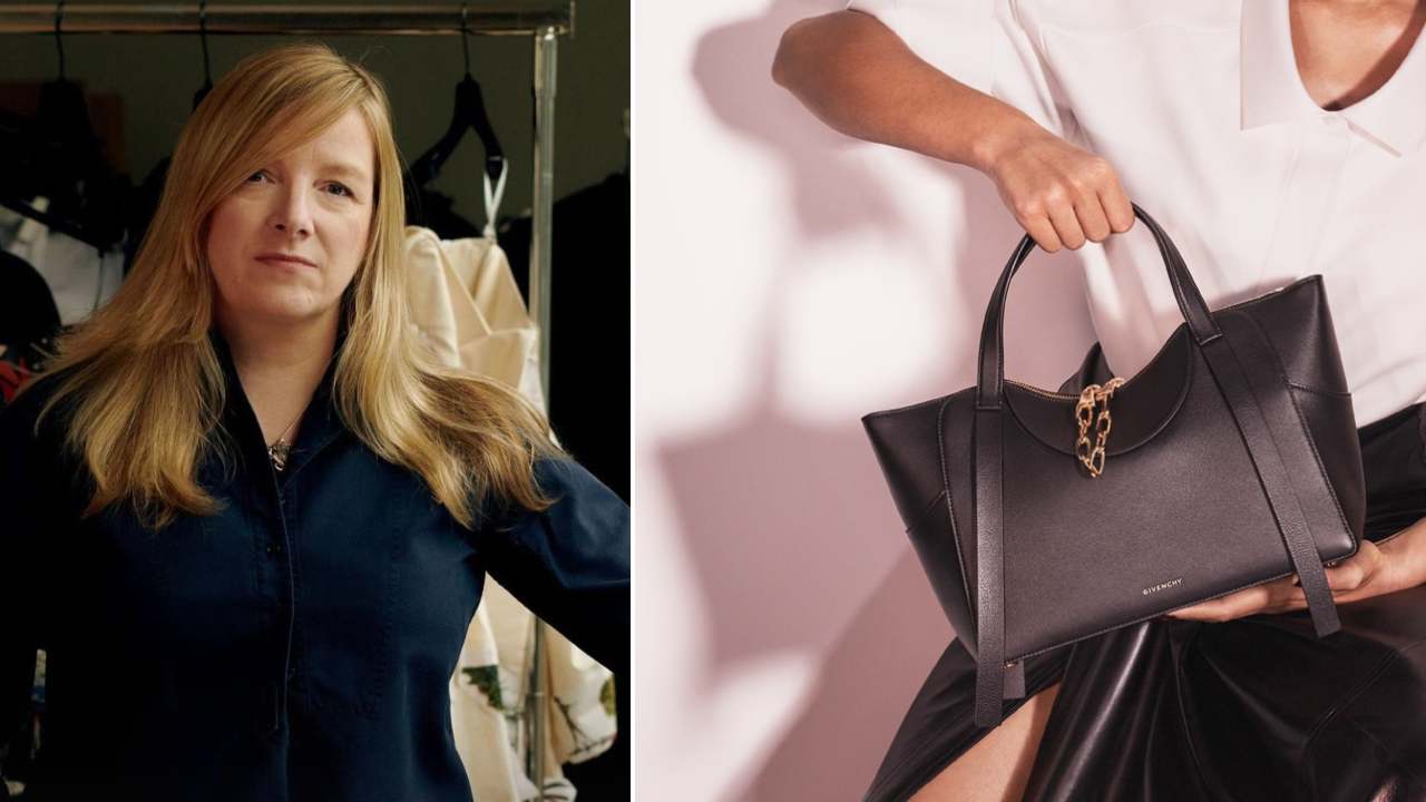 Foto de uma das estilistas mais importantes de 2026: Sarah Burton diretora criativa da Givenchy e foto de uma das novas bolsas criadas por ela: "The Snatch Bag".