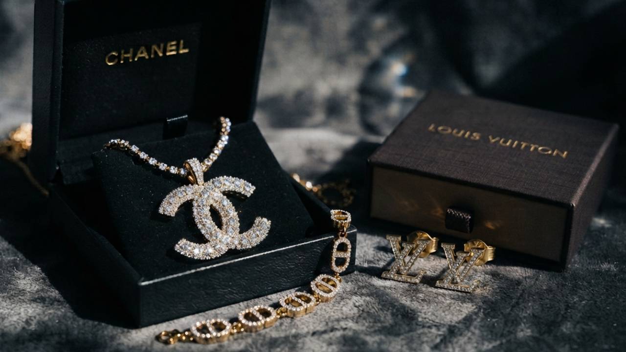 Alta joalheria de grifes de moda: colar diamantes Chanel, pulseira de ouro Dior, brincos de brilhantes Louis Vuitton.
