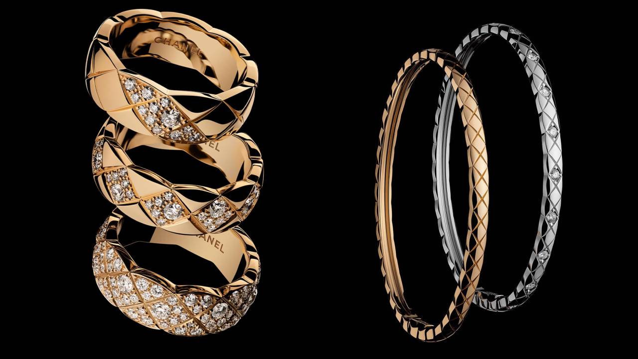 Peças de alta joalheria da Chanel: anéis de ouro e diamantes e pulseiras de metais preciosos da linha coco Rush.