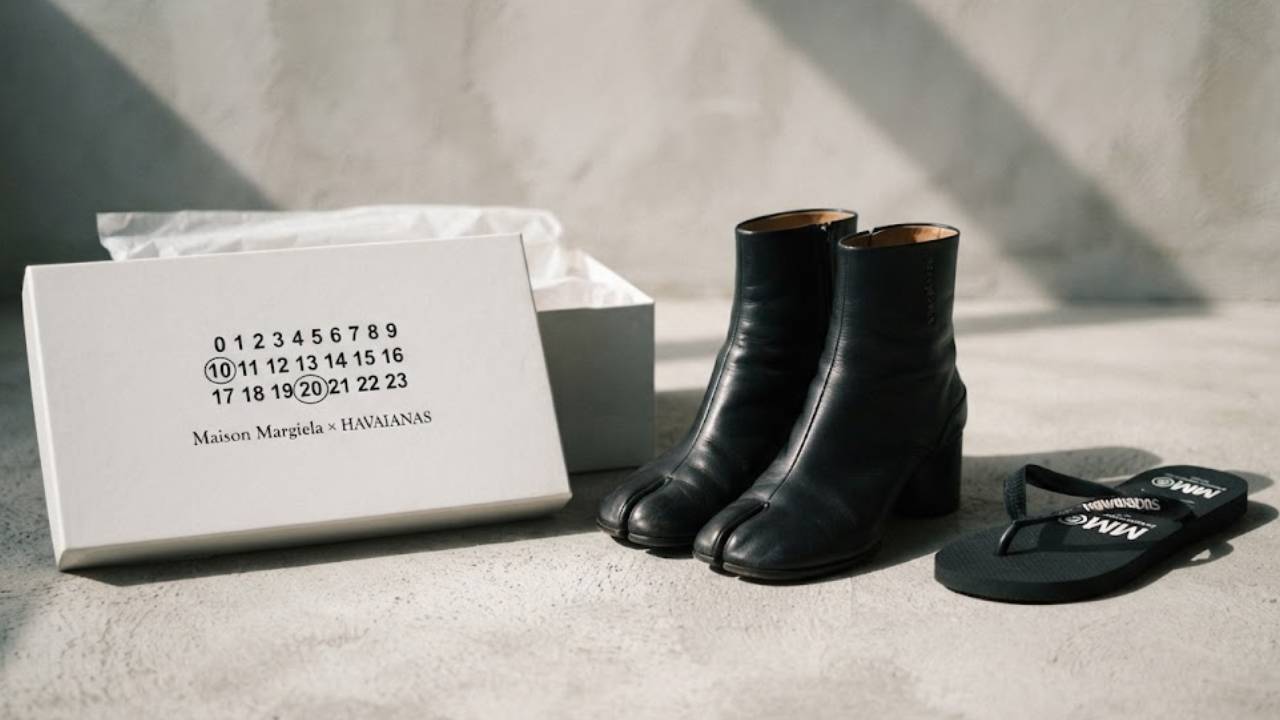 Foto de Havaianas Margiela ao lado de Sapato Tabi.