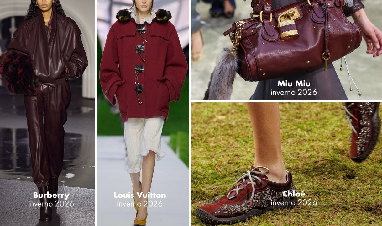 Fotos de roupas de luxo, bolsas e tênis na cor Burgundy nas passarelas de 2026.