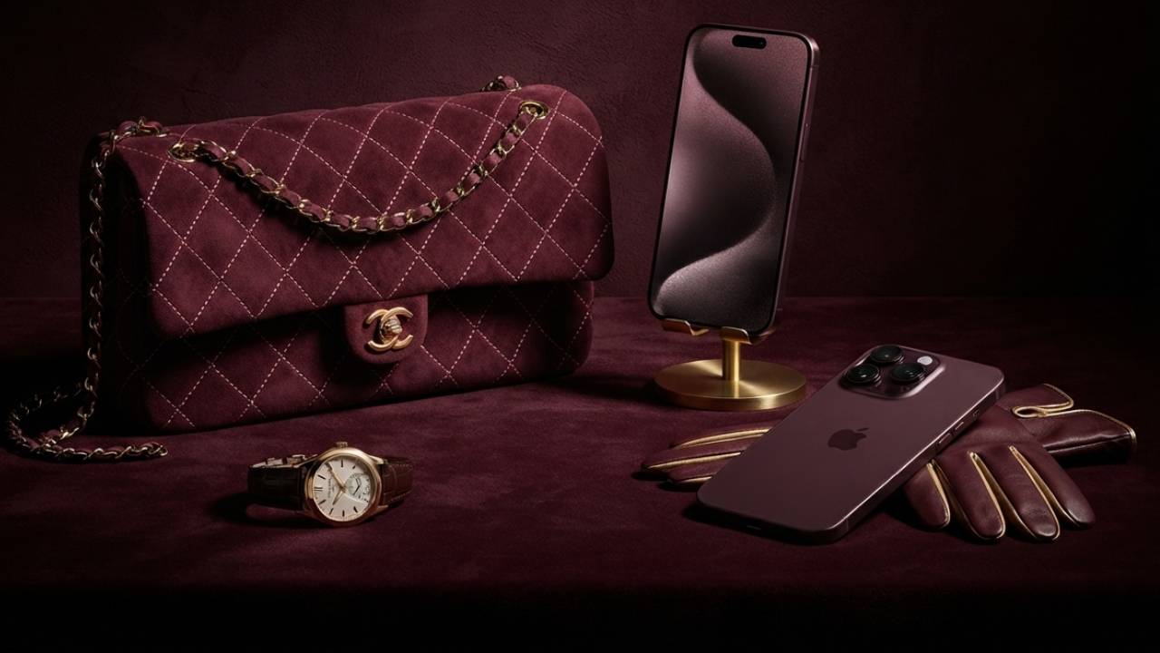 Fotos do novo Iphone 18 na cor Burgundy ao lado de bolsa Chanel no mesmo tom de vermelho escurto.