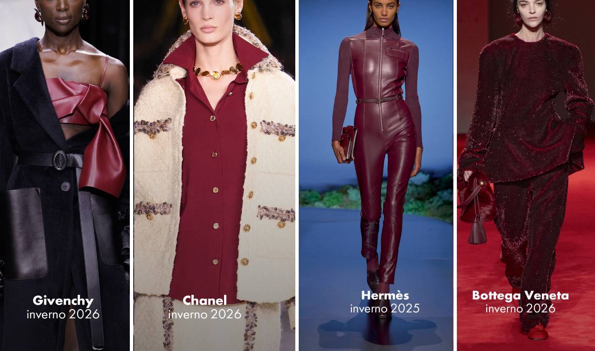 Fotos de desfiles de marcas de luxo com roupas na cor Burgundy do iphone 18.