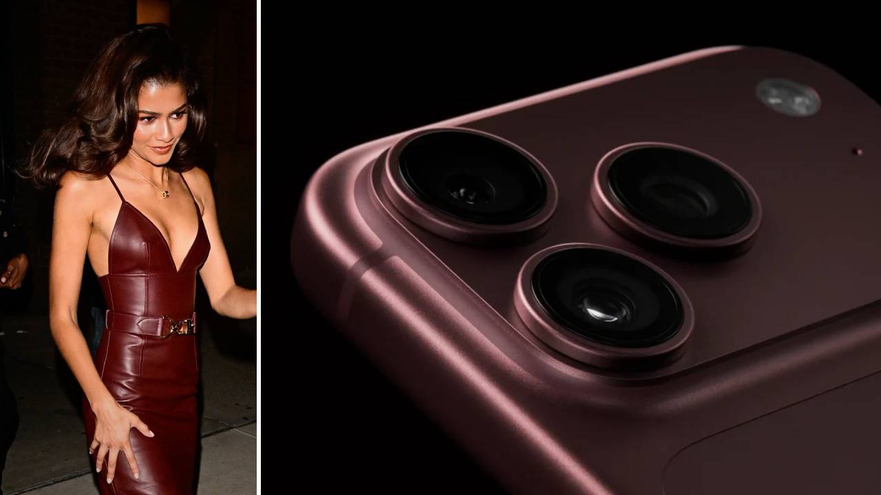 Foto de Zendaya usando vestido na cor Burgundy ao lado do novo iphone 18 na tonalidade bordô.