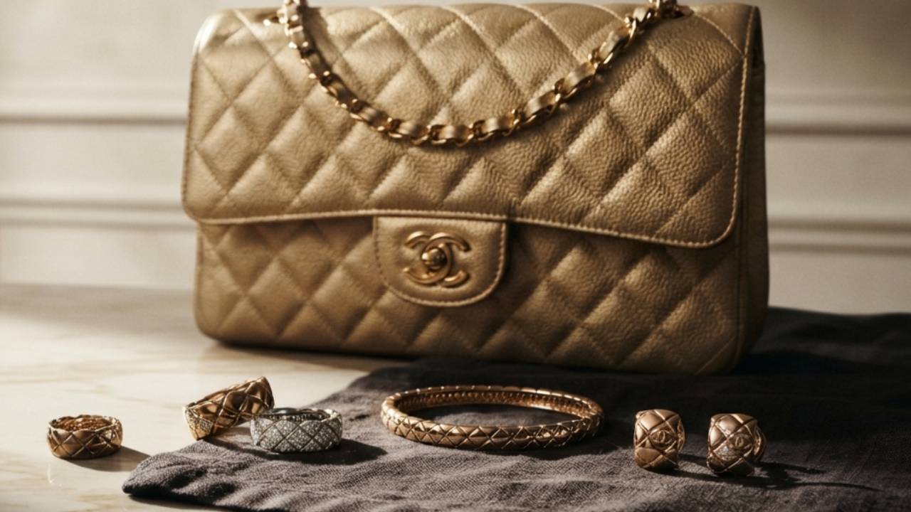 Joias da Chanel Coco Crush: anéis, pulseiras, brincos e colares ao lado de ouro junto com bolsa Classic Flap.