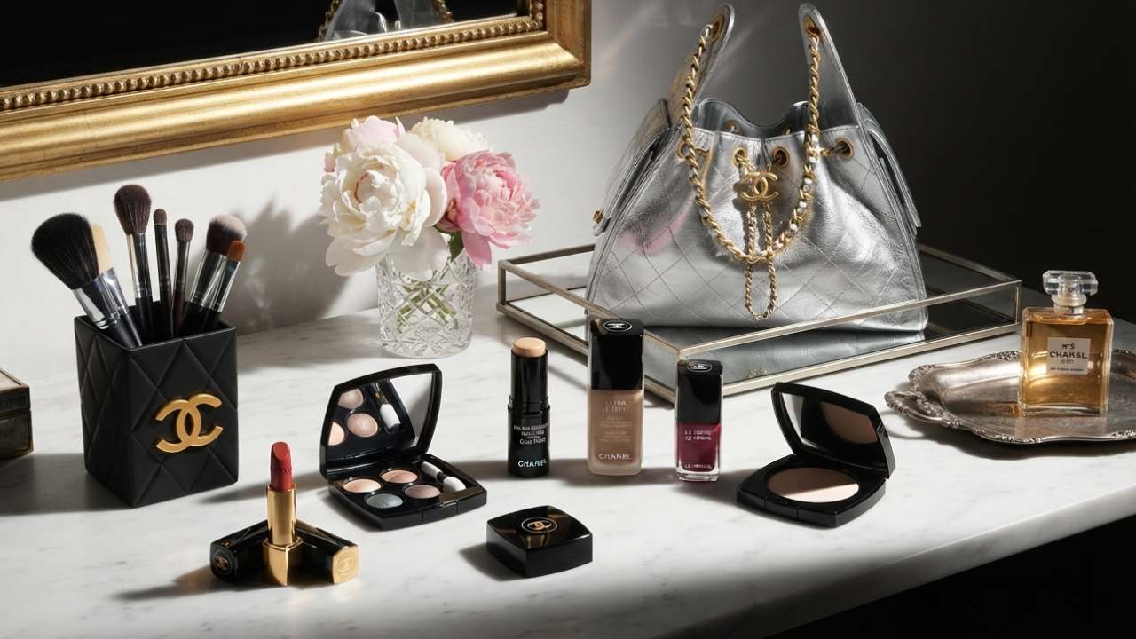 Foto de bancada com linha de maquiagem e beleza da Chanel que tem nova diretora criativa Lucia Peroni com bolsa Chanel 25 ao fundo.