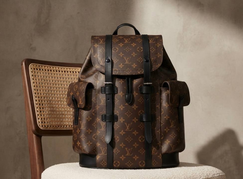 Foto de uma mochila masculina de luxo da Louis Vuitton no mercado second hand x loja.