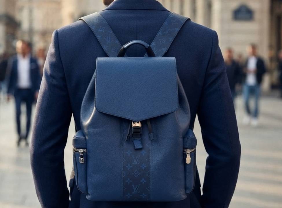 Homem de terno usando mochila masculina de luxo elegante da Louis Vuitton.