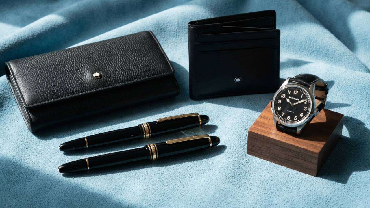 Foto de bolsa, carteira, relógio e canetas Montblanc.
