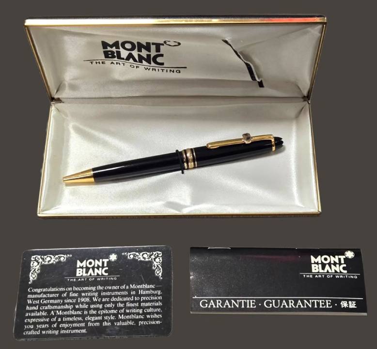 Foto de uma caneta montblanc second hand vintage original com certificados de autenticidade.
