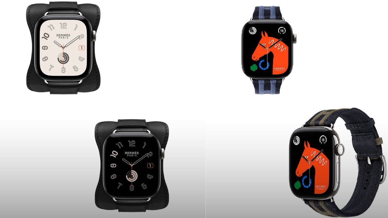 Foto dos detalhes das pulseiras e visores dos novos apple watches x Hermès.