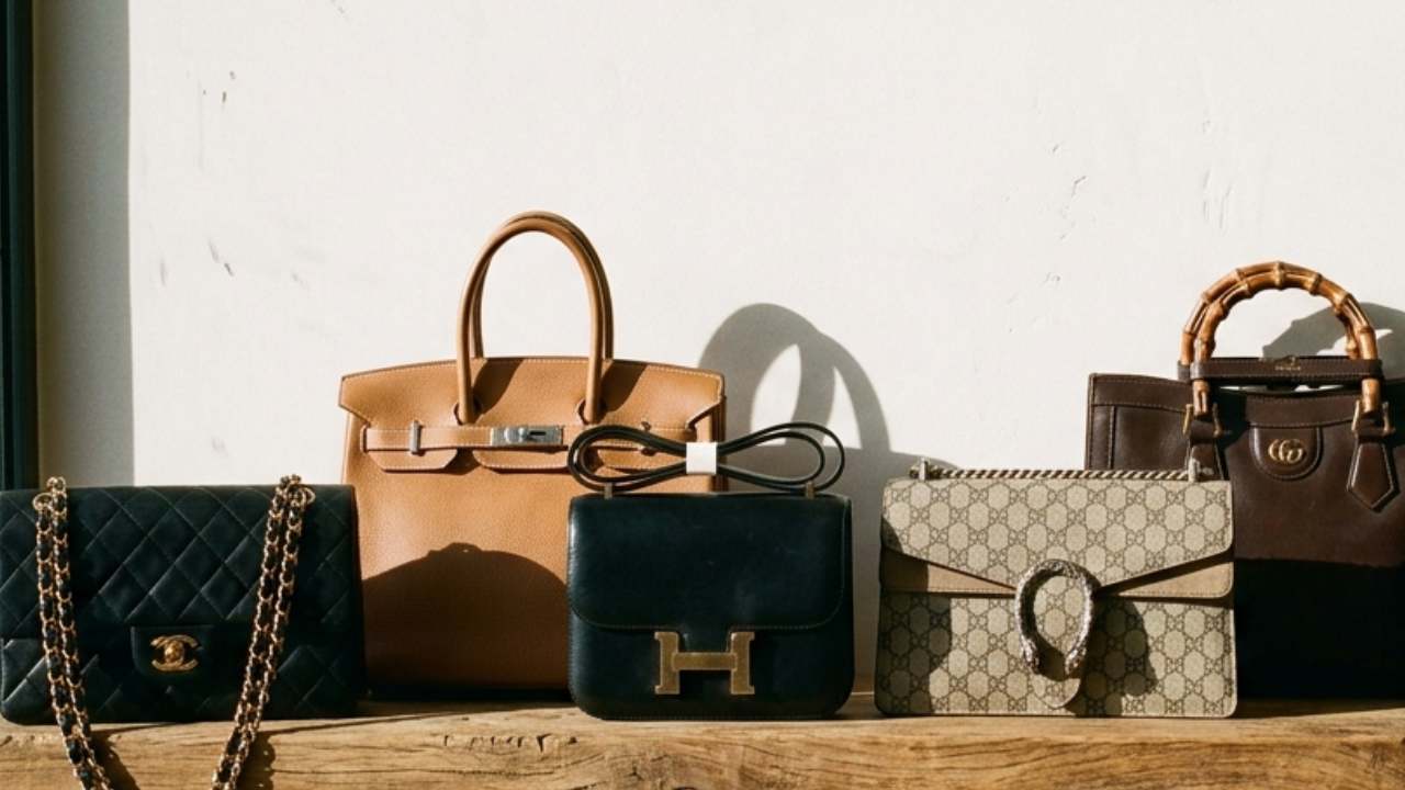 Foto de bolsas de luxo second hand originais das marcas Gucci, Hermès, Chanel, Louis Vuitton.