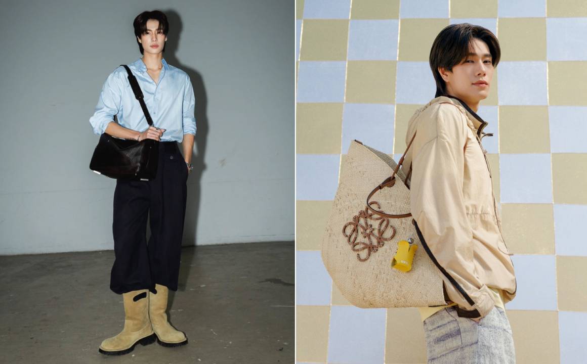 Fotos de Phuwin Tangsakyuen usando roupas e bolsas da marca Loewe.