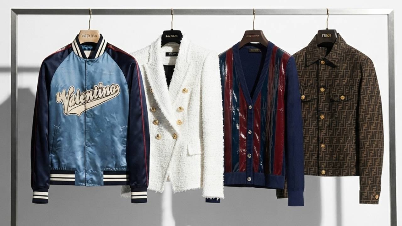 Foto de roupas de grife seminovas no second hand de luxo: Jaqueta Valentino, Blazer Balmain, Jaqueta Louis Vuitton e Jaqueta Fendi.