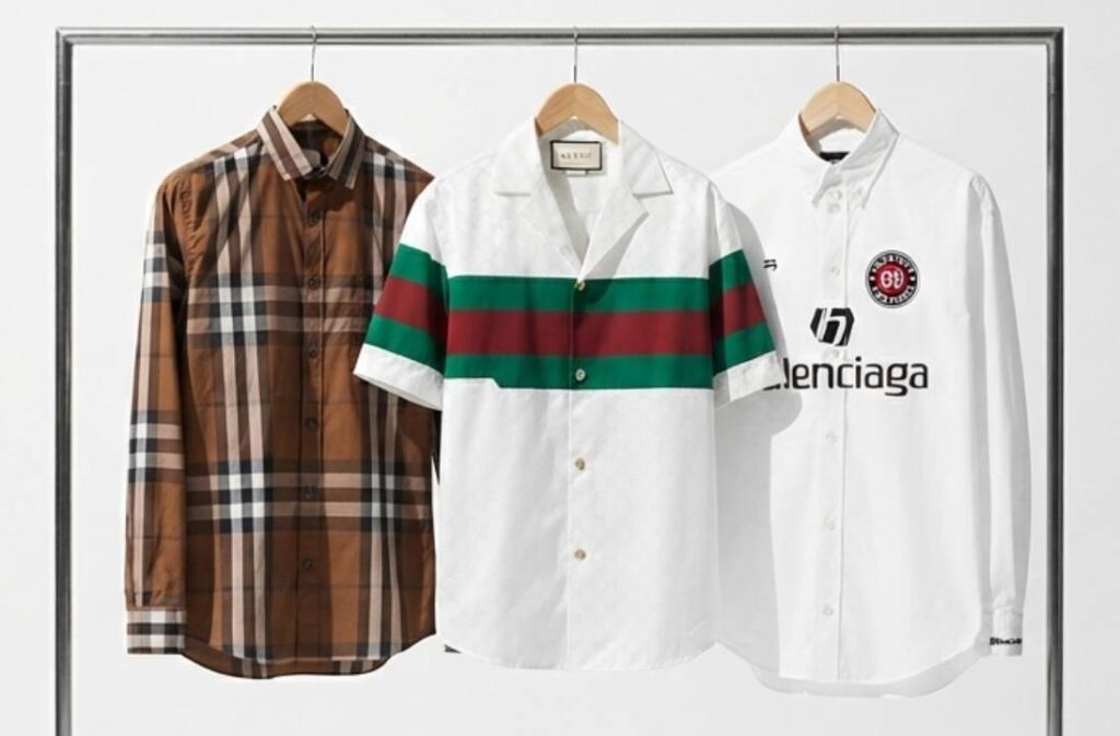 Camisas da Burberry, Gucci e Balenciaga na curadoria de roupas de marca de luxo seminovas no etiqueta única.