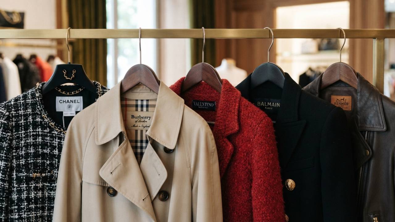 Foto de arara de roupas de marca de luxo seminovas: casaco chanel, tricô valentino, trench coat burberry, blazer balmain e jaqueta hermès.