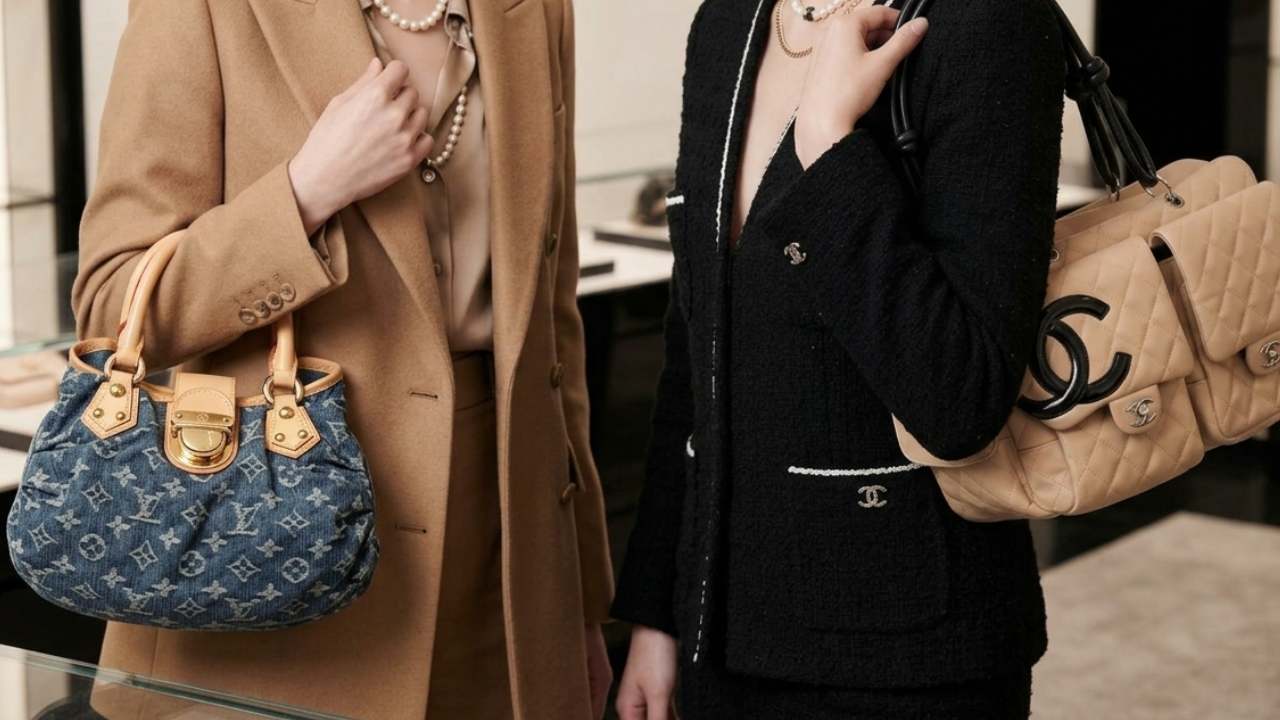 Mulheres carregando bolsas de luxo second hand, modelos vintage, pre-loved- seminovos da Chanel e Louis Vuitton.