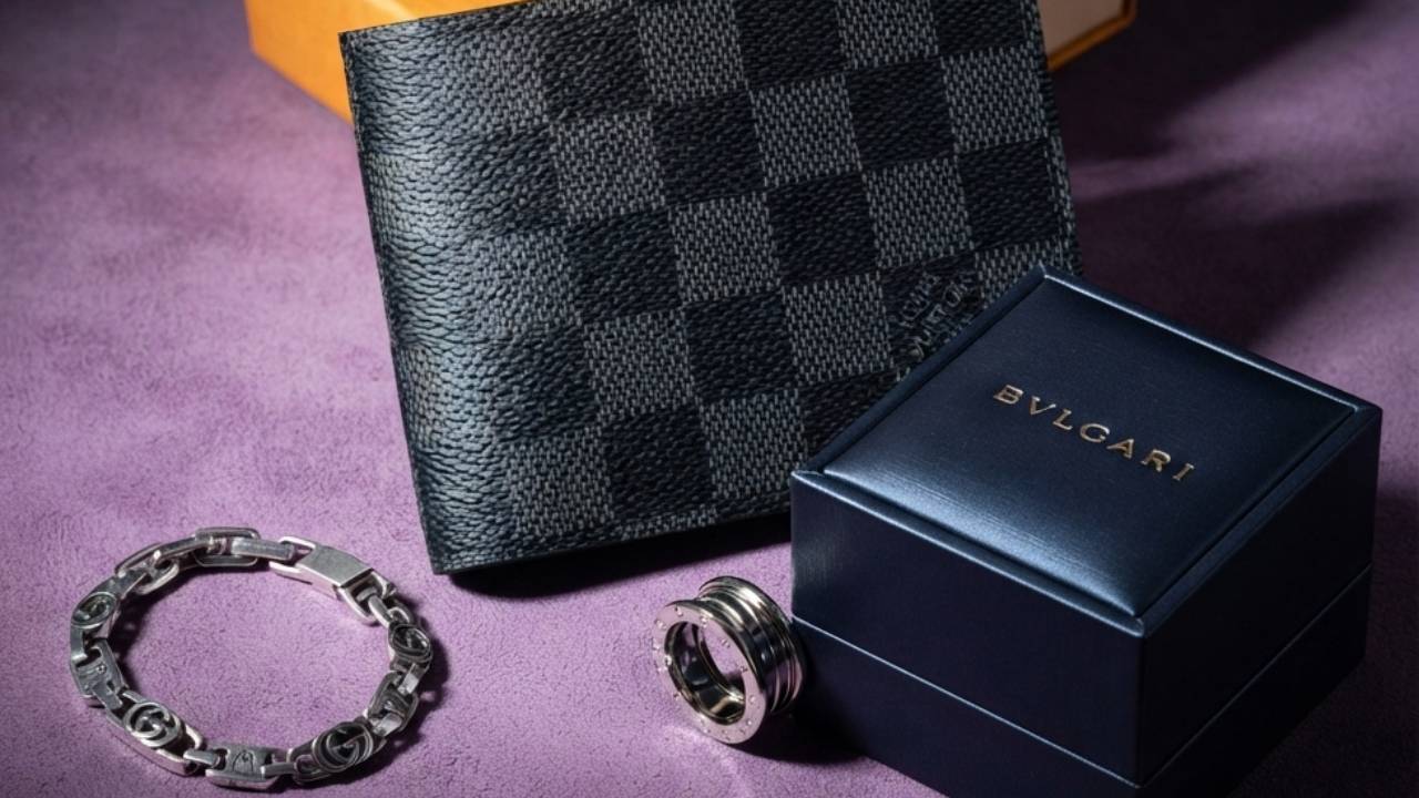 Acessórios Masculinos de Luxo na Semana Cliente 2026: Carteira Louis Vuitton, Pulseira Gucci e Anel Bulgari.