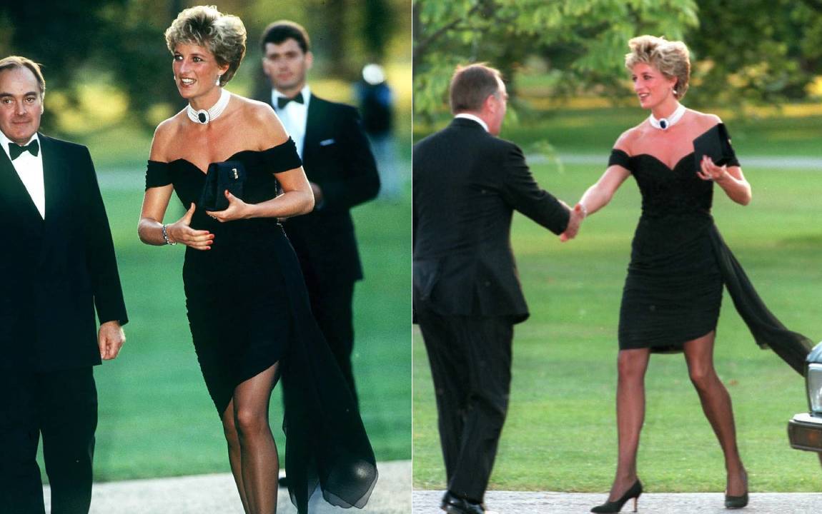 Fotos da Princesa Diana (Lady Di) usando o famoso vestido preto conhecido como o Vestido da Vingança.