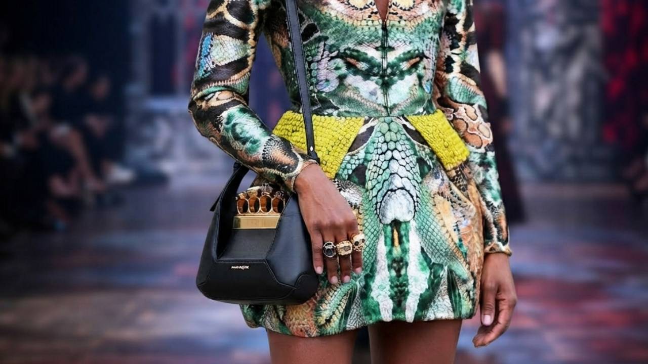 Foto de um vestido / conjunto criado para a última coleção de Alexander McQueen, do acervo de Naomi Campbell.