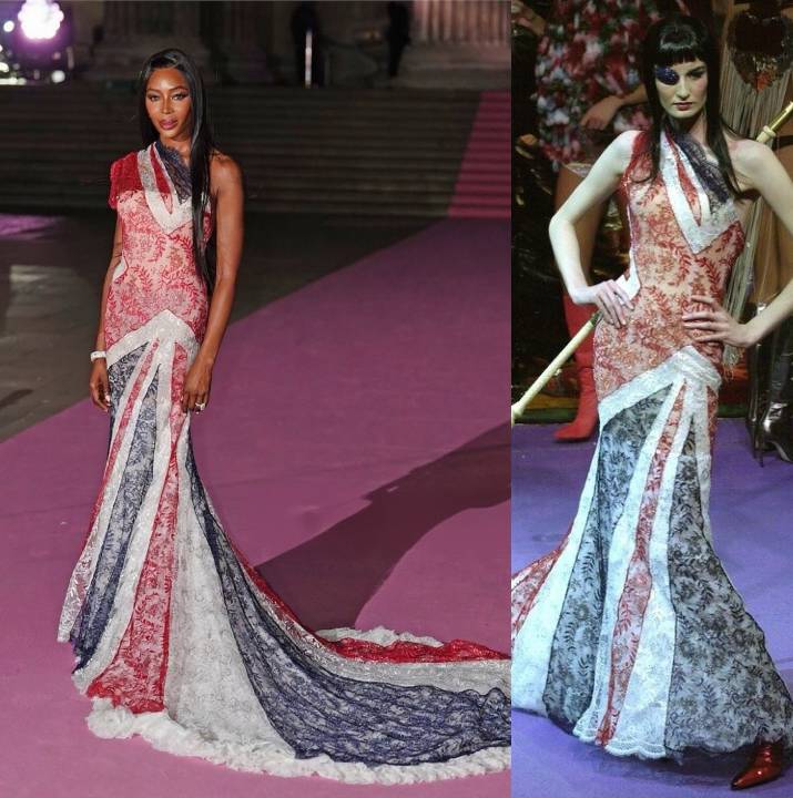 Foto de Naomi Campbell usando vestido Union Jack criado por Alexander McQueen ao lado de foto do desfile.